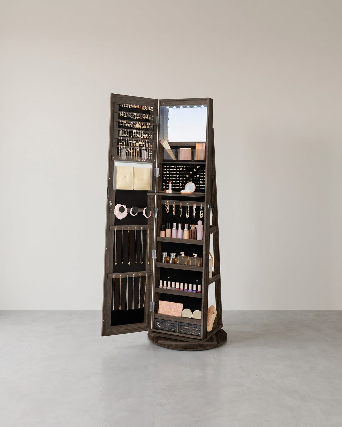 Sieradenkast Met Spiegel – Frameloze Full-Body Spiegel – 360° Draaibaar – Afsluitbaar – Met Ledverlichting En Opklapbare Make-Uptafel