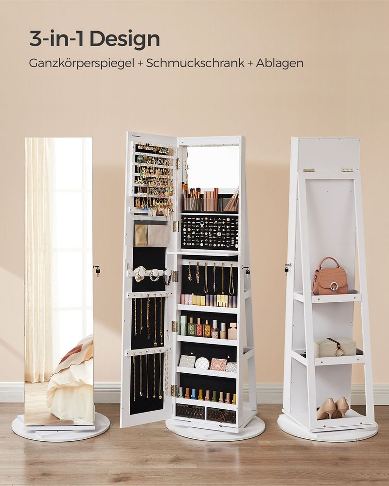 Sieradenkast Met Spiegel – Frameloze Full-Body Spiegel – 360° Draaibaar – Afsluitbaar – Met Ledverlichting En Opklapbare Make-Uptafel