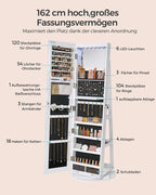 Sieradenkast Met Spiegel – Frameloze Full-Body Spiegel – 360° Draaibaar – Afsluitbaar – Met Ledverlichting En Opklapbare Make-Uptafel
