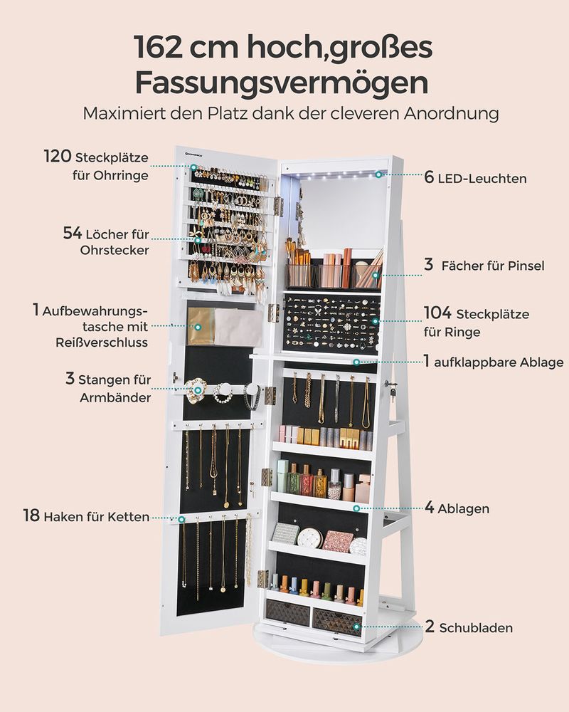 Sieradenkast Met Spiegel – Frameloze Full-Body Spiegel – 360° Draaibaar – Afsluitbaar – Met Ledverlichting En Opklapbare Make-Uptafel