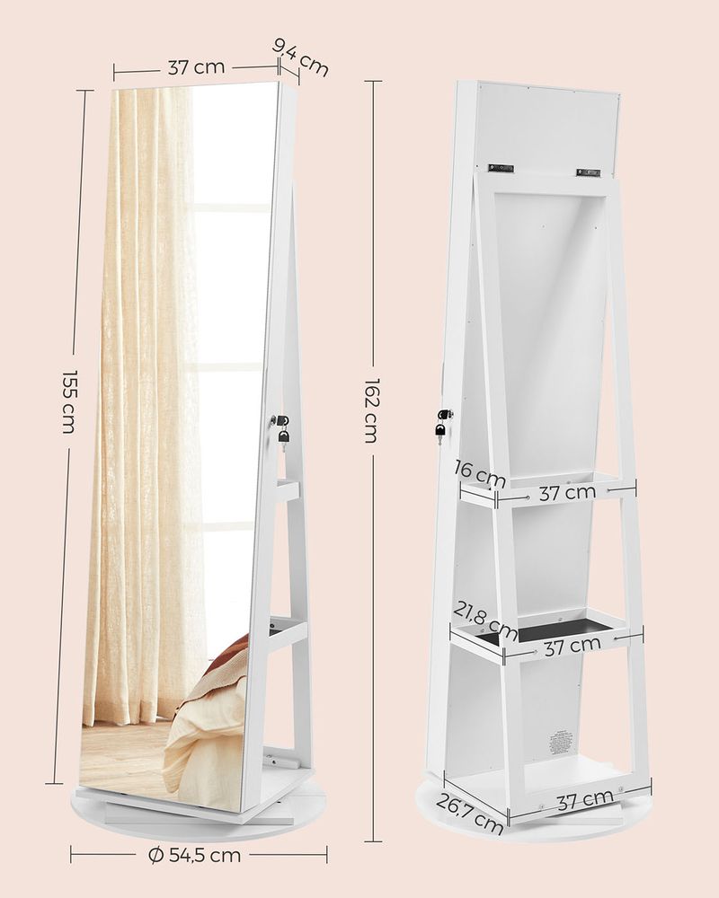 Sieradenkast Met Spiegel – Frameloze Full-Body Spiegel – 360° Draaibaar – Afsluitbaar – Met Ledverlichting En Opklapbare Make-Uptafel