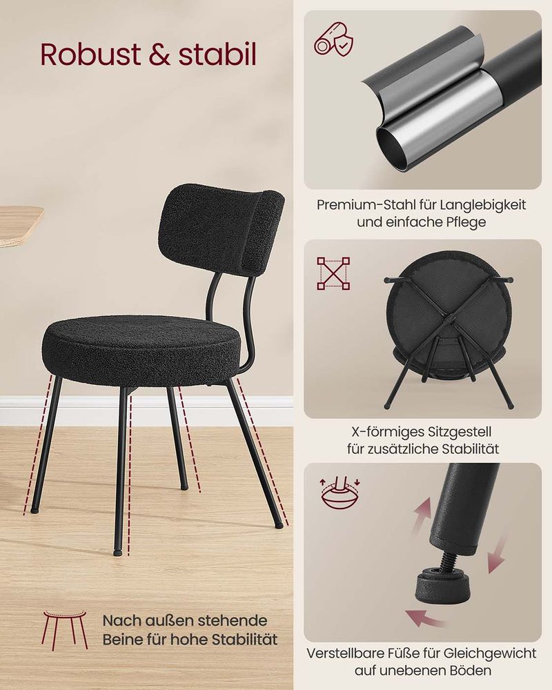 Moderne Eetkamerstoelen – Set van 2 – Gestoffeerd met Fleece – Ronde Zitting met Rugleuning