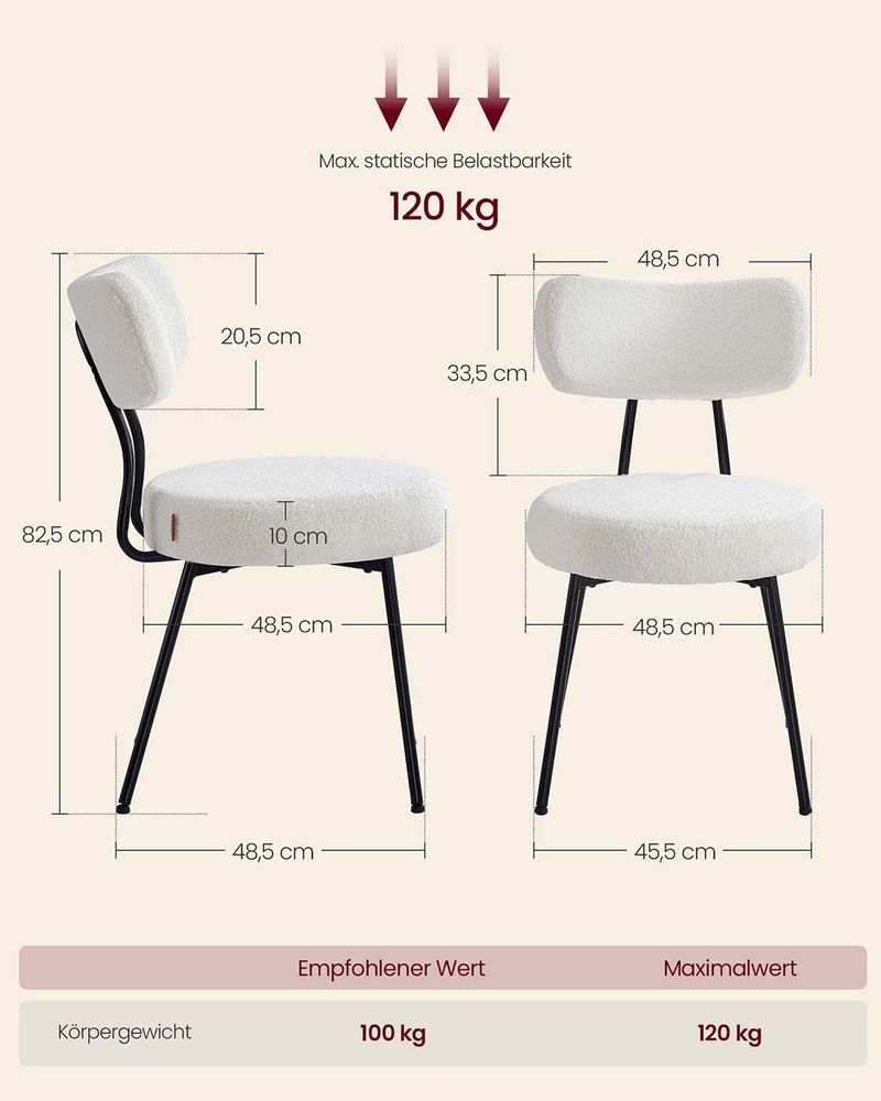 Moderne Eetkamerstoelen – Set van 2 – Gestoffeerd met Fleece – Ronde Zitting met Rugleuning
