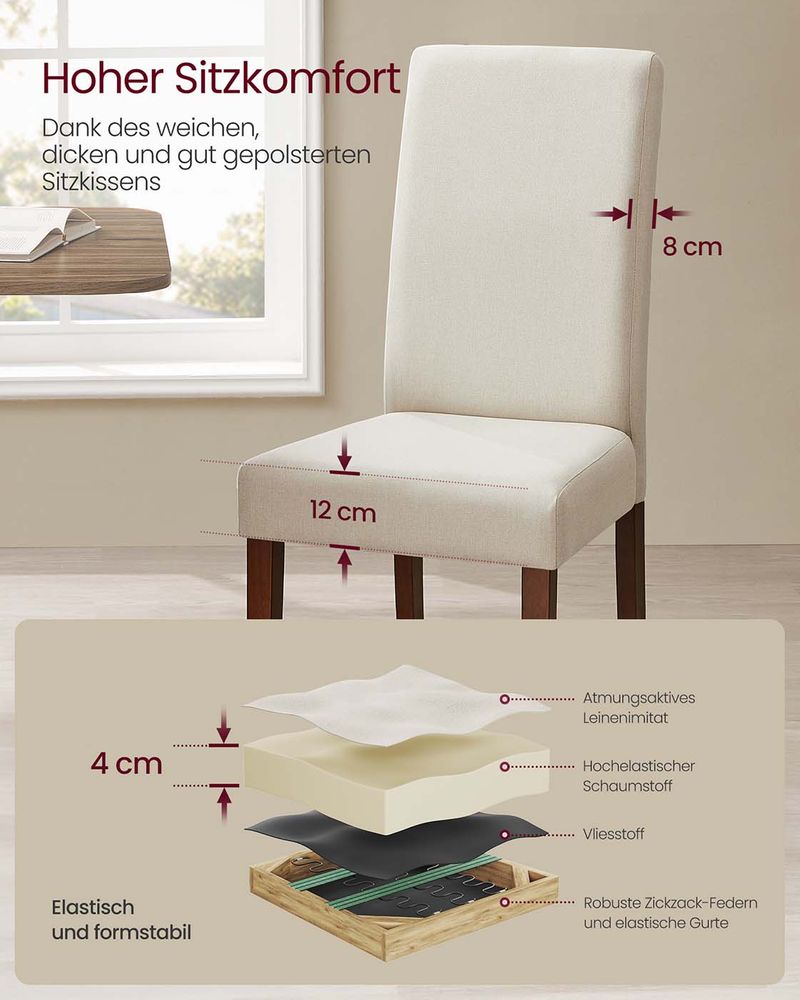 Eetkamerstoelen Set van 2 – Gestoffeerde Zitting – Houten Poten – Ergonomische Rugleuning – Klassiek Design