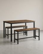 Eettafelset – Eettafel 110 cm + 2 Bankjes – Industrieel Hout & Metaal – Ruimtebesparende Keukenset
