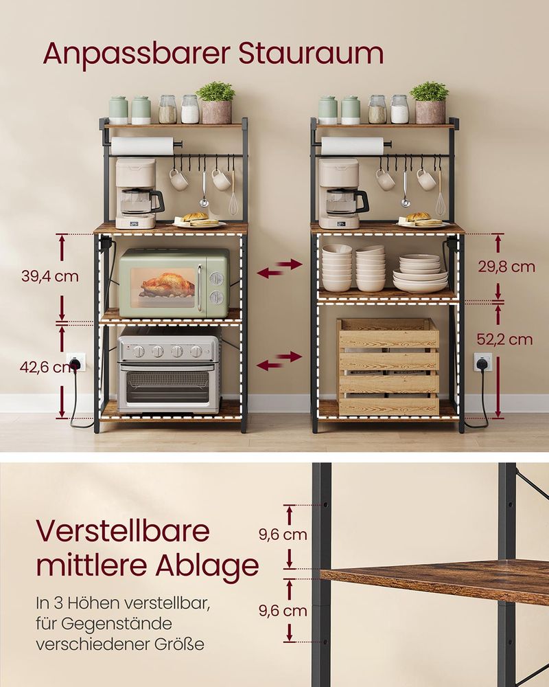 Keukenrek Staand met Stopcontact – Magnetronrek met Verstelbare Plank – Industrieel Design