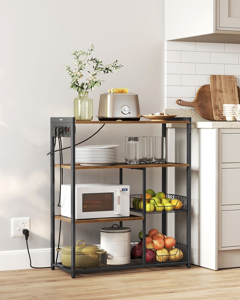 Keukenrek met Stopcontact – 80 cm Breed – Met Gaasmanden, 6 Haken en Meerdere Planken – Magnetronrek met Industriële Look