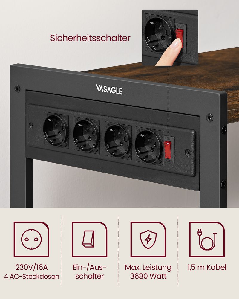Keukenrek met Stopcontact – 80 cm Breed – Met Gaasmanden, 6 Haken en Meerdere Planken – Magnetronrek met Industriële Look