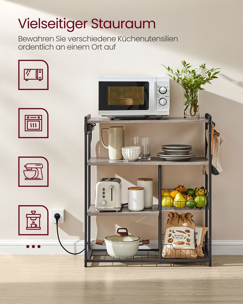 Keukenrek met Stopcontact – 80 cm Breed – Met Gaasmanden, 6 Haken en Meerdere Planken – Magnetronrek met Industriële Look