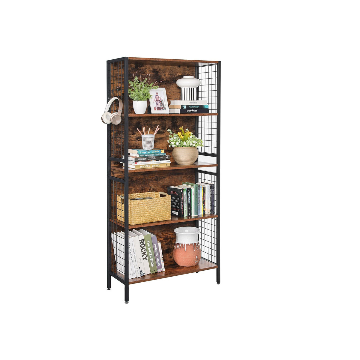 Boekenkast met 4 Planken – Industrieel Design – Opbergkast met Haken – 74 x 30 x 155 cm