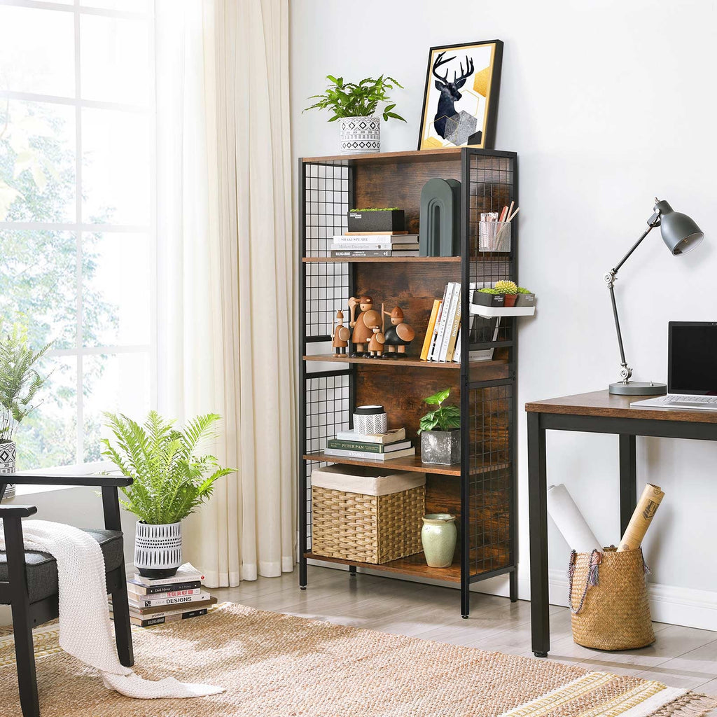 Boekenkast met 4 Planken – Industrieel Design – Opbergkast met Haken – 74 x 30 x 155 cm