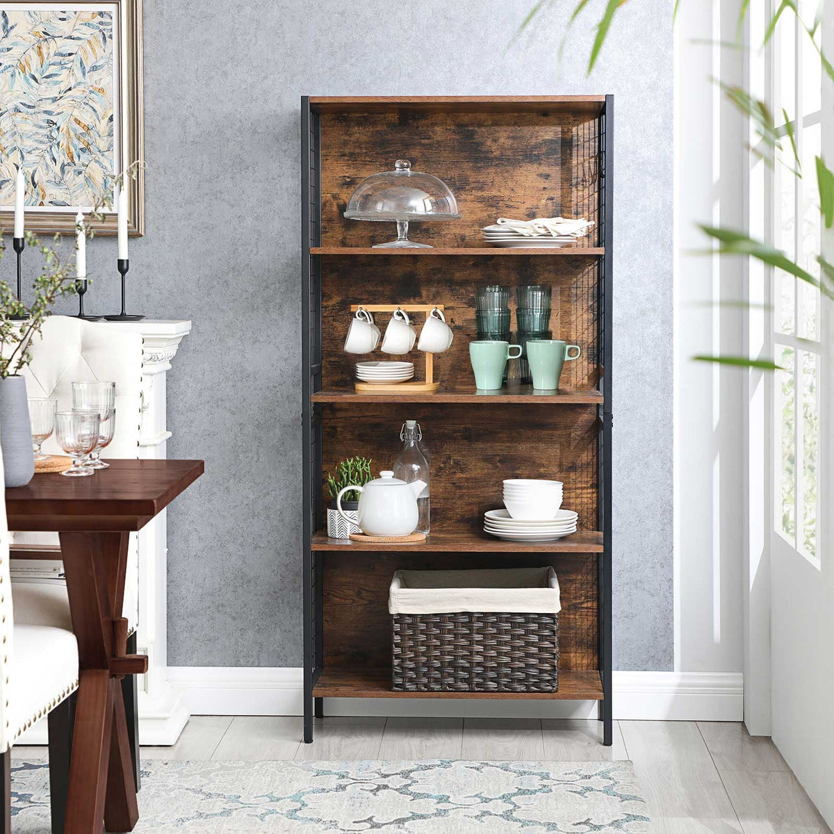 Boekenkast met 4 Planken – Industrieel Design – Opbergkast met Haken – 74 x 30 x 155 cm