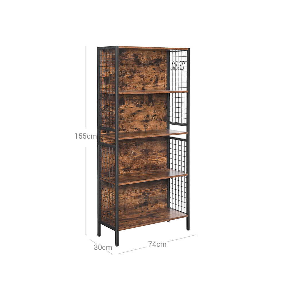 Boekenkast met 4 Planken – Industrieel Design – Opbergkast met Haken – 74 x 30 x 155 cm