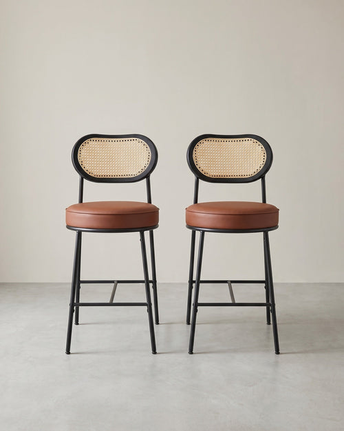 Barkrukken Set van 2 – BOHO Chic met Rotanlook Rugleuning – Hoog Zitcomfort – Voor Keuken, Bar of Eiland