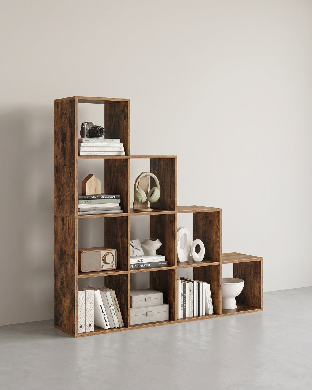 Boekenkast met 10 Vakken – Trapvormig Design – Opbergkast – 129,5 x 29 x 129,5 cm