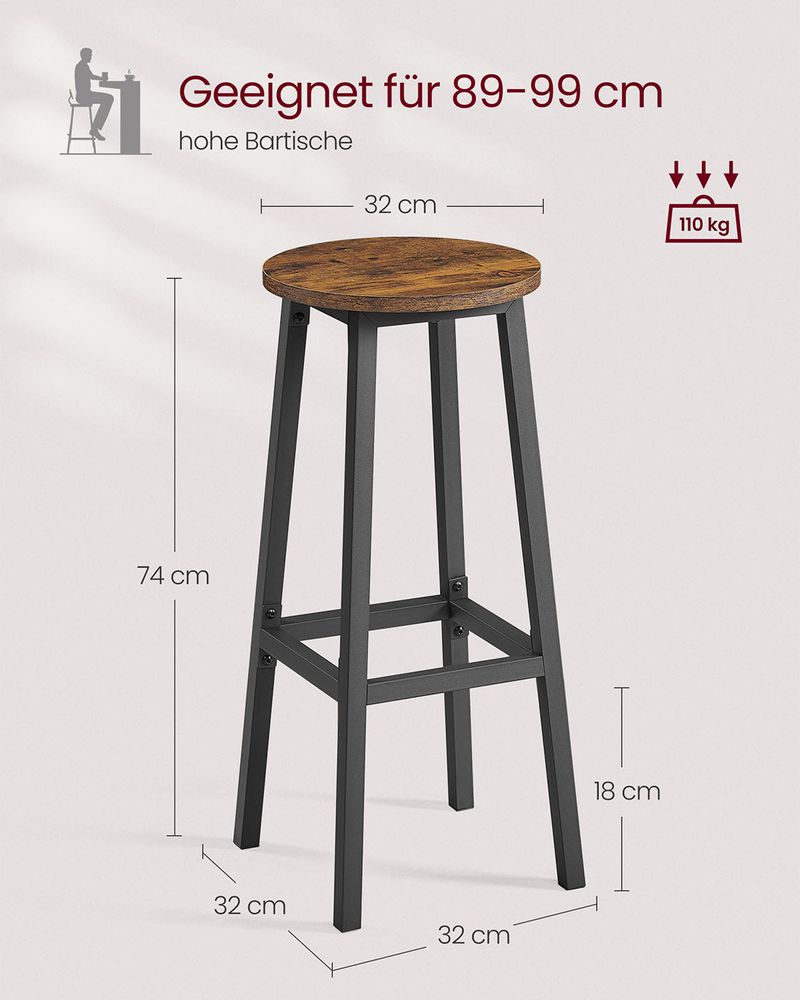 Barkrukken Set van 2 – Vintage Bruin-Zwart – Met Voetensteun – 74 cm Hoog – Industrieel Design – Tot 110 kg Draagvermogen