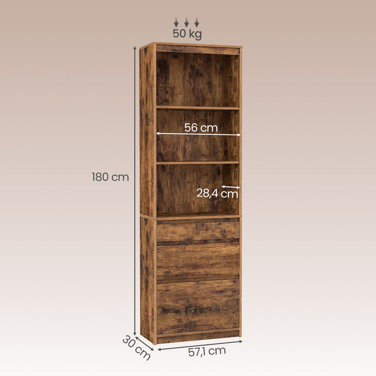 Boekenkast Met Verstelbare Planken En 3 Lades - Hoge Kast - Voor Woonkamer