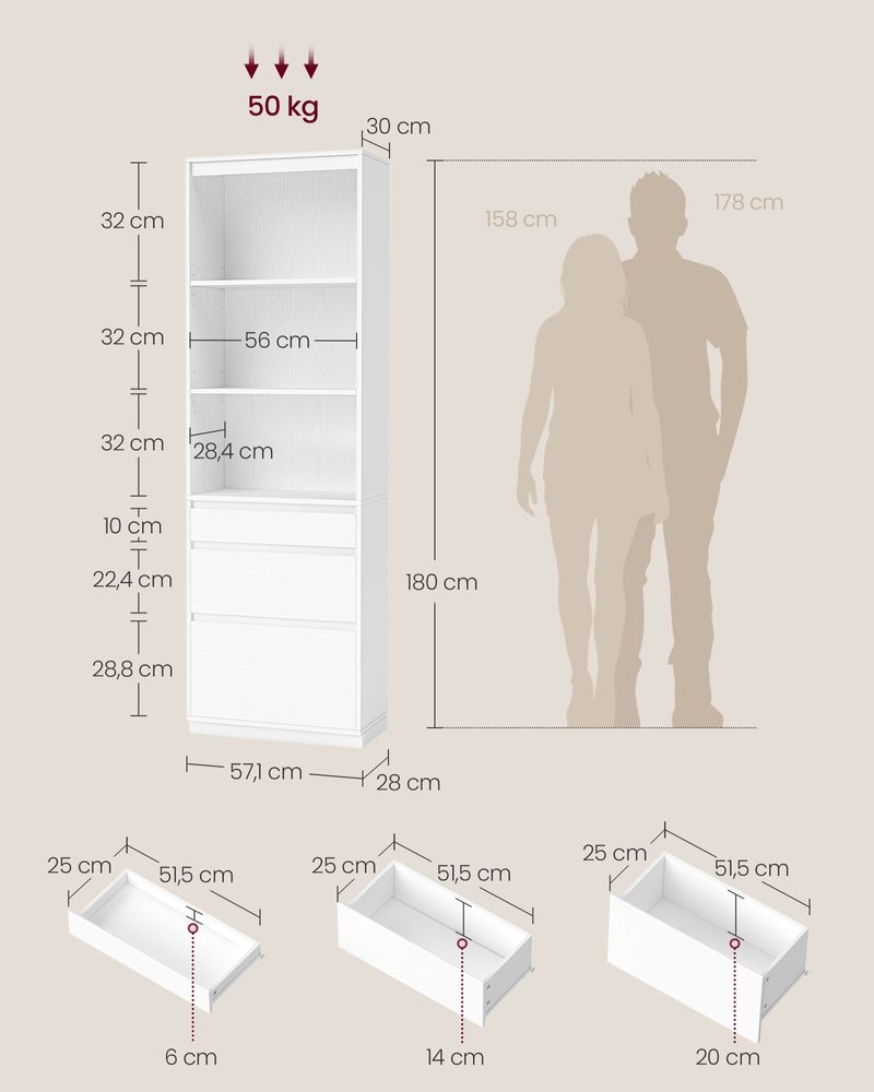 Boekenkast met Lades en Verstelbare Planken – 180 cm Hoog – Multifunctionele Opbergkast – Wit – Spaanplaat