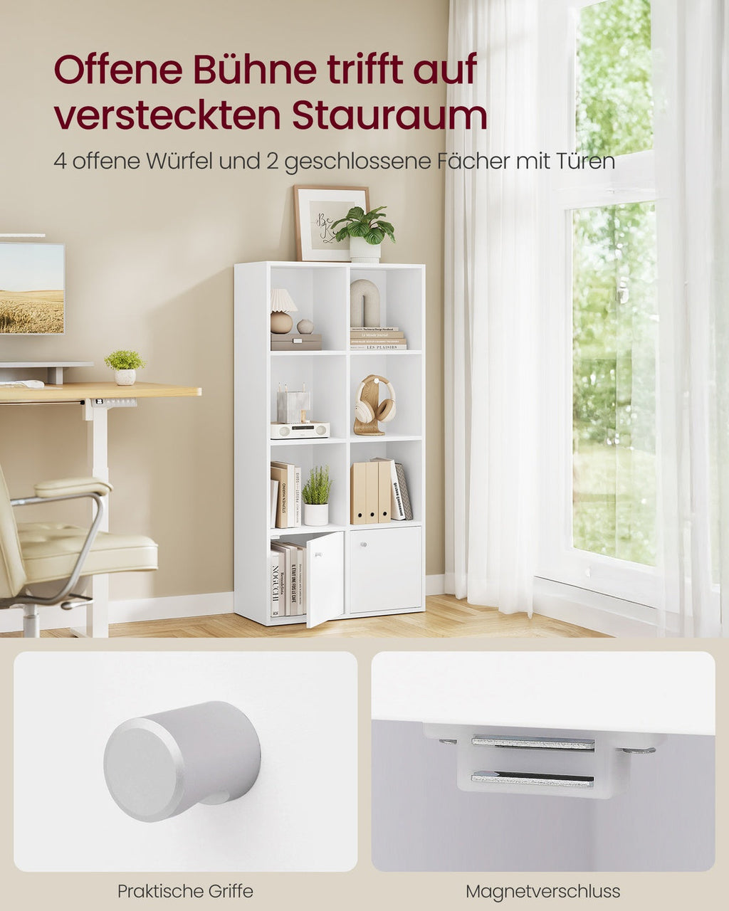 Boekenkast Met 4 Open Niveaus En 2 Vakken Met Deuren - Voor Woonkamer Of Slaapkamer