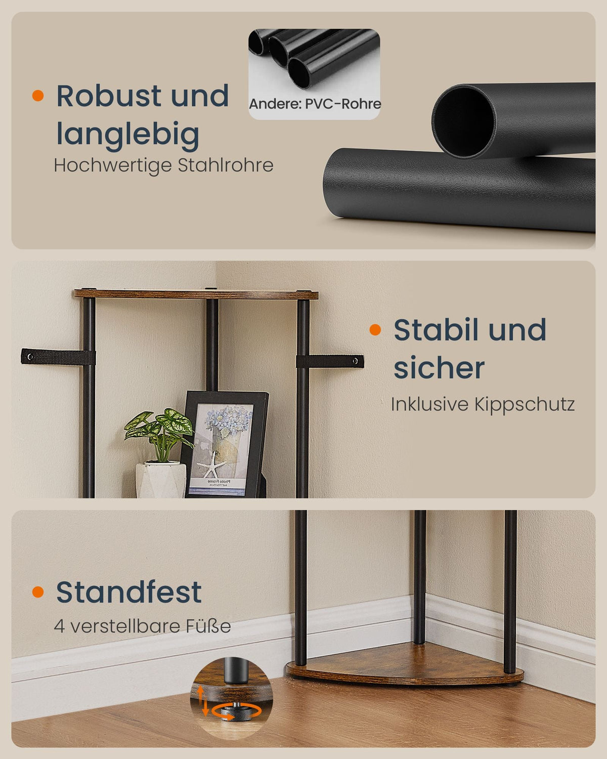 Opbergplank – Hoekplank – 5 niveaus – Spaanplaat en staal – 38,3 x 27 x 139 cm – Maximale belasting 50 kg