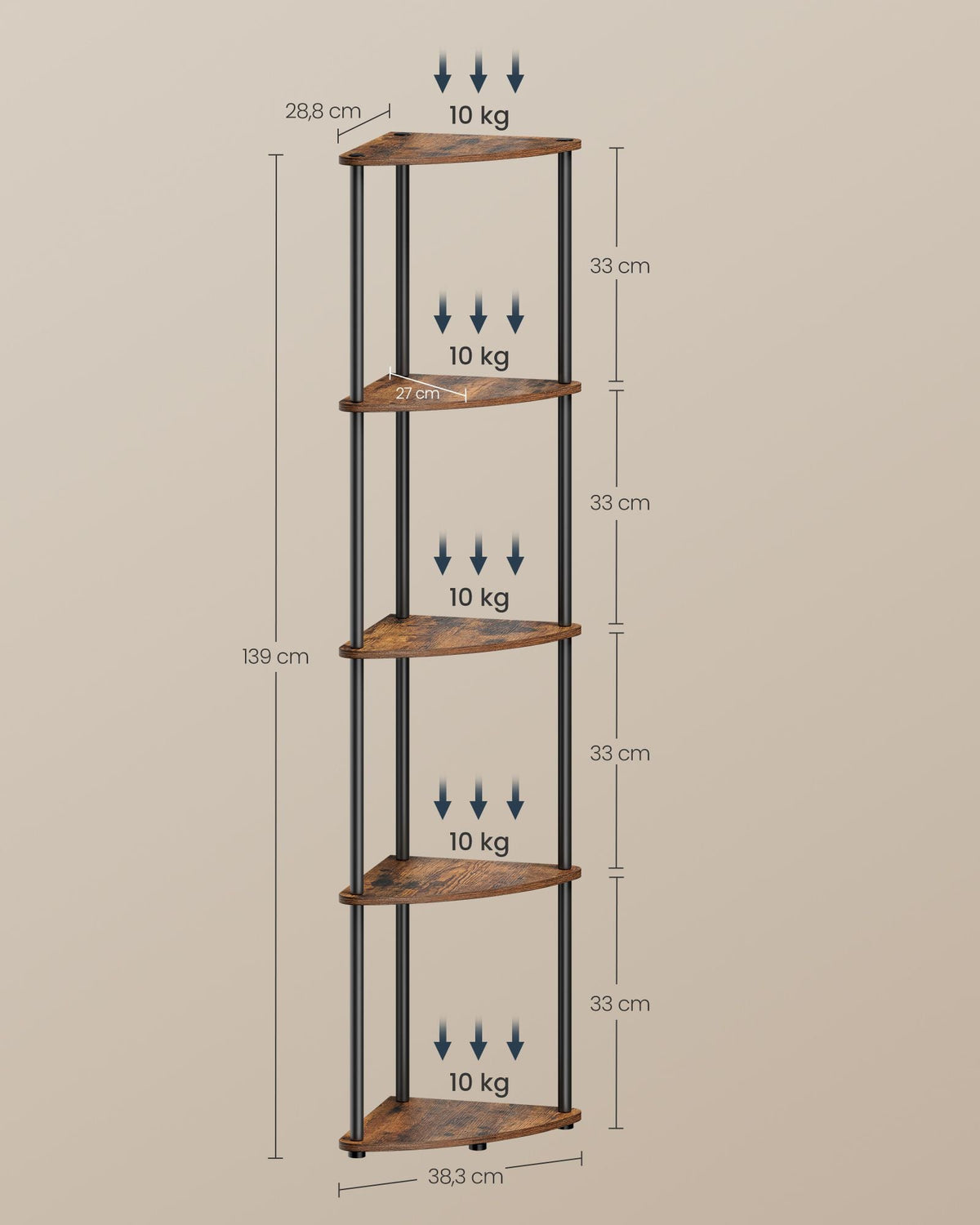 Opbergplank – Hoekplank – 5 niveaus – Spaanplaat en staal – 38,3 x 27 x 139 cm – Maximale belasting 50 kg
