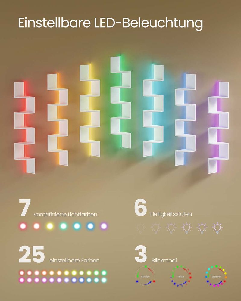 Hoekrek Met LED-Verlichting en Zigzagontwerp – 5 Niveaus, Sfeervolle Verlichting en Ruimtebesparend Ontwerp