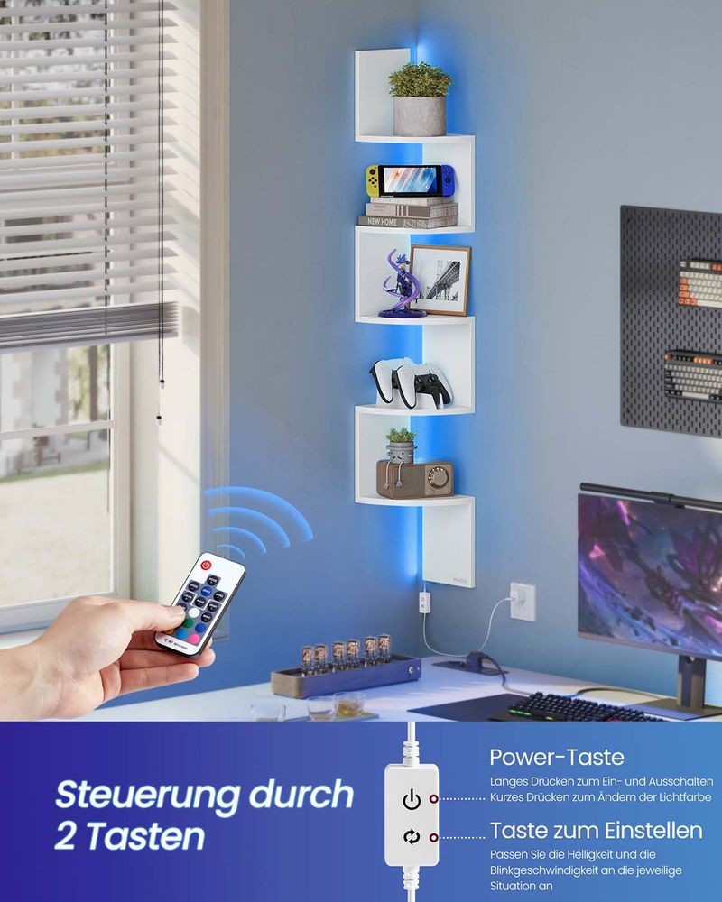 Hoekrek Met LED-Verlichting en Zigzagontwerp – 5 Niveaus, Sfeervolle Verlichting en Ruimtebesparend Ontwerp
