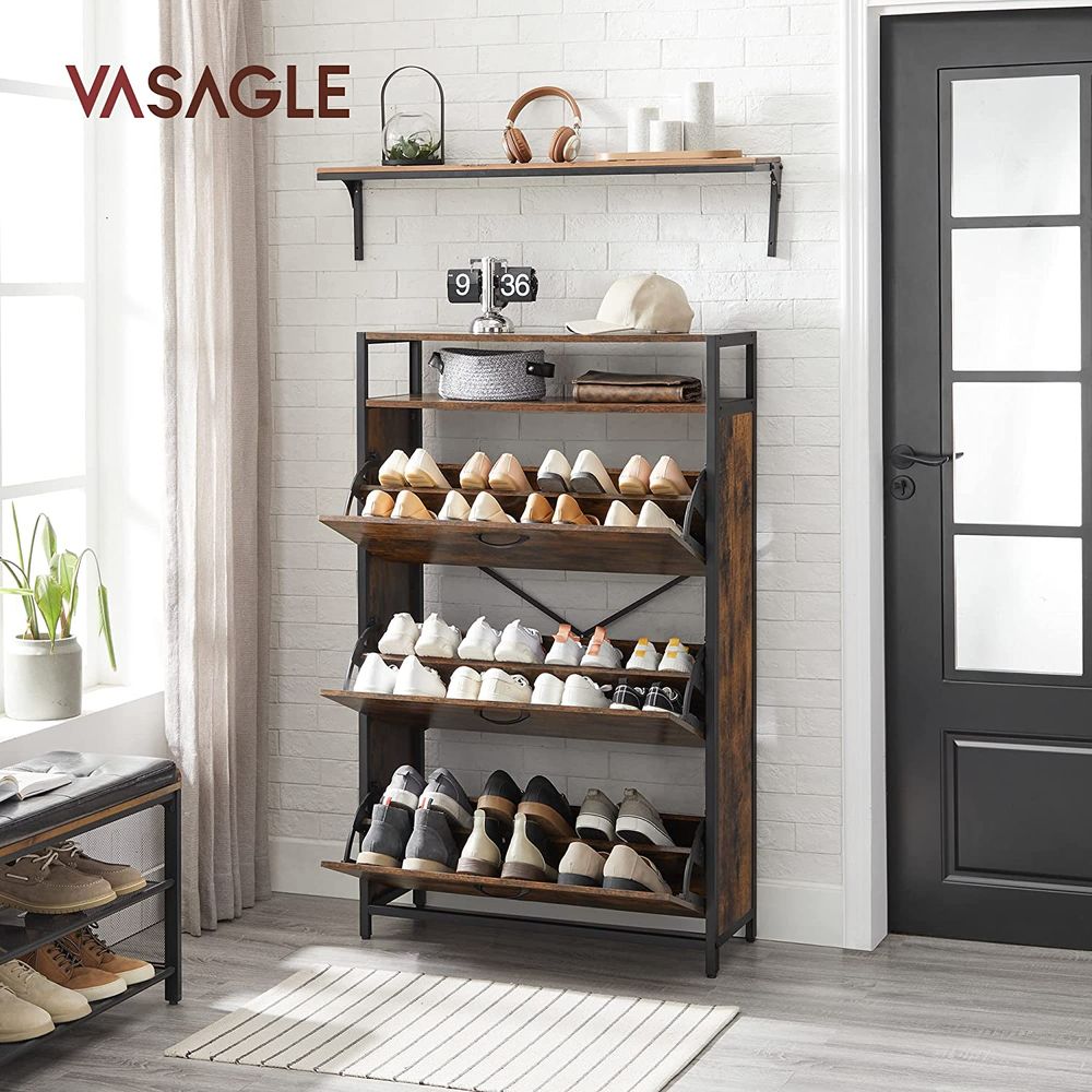 Schoenenkast met 3 Kleppen – Schoenenrek – Industriële Schoenenopberger met Staal en Houtlook