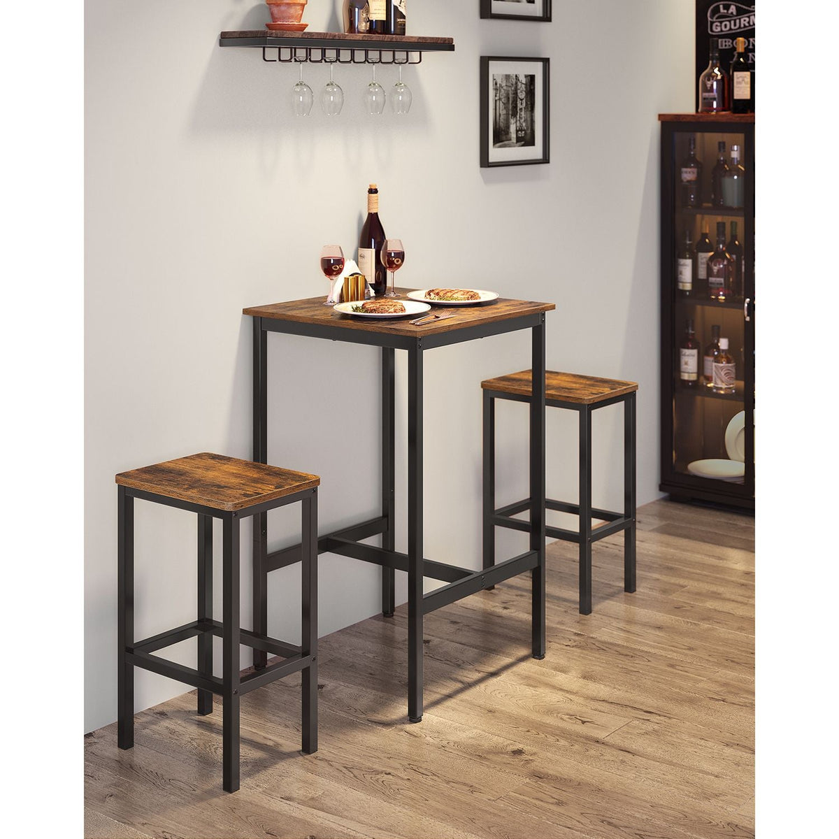Eettafels – Eettafel met 2 stoelen – Kleine keukentafel 60 x 60 x 90 cm – Barkrukken 30 x 40 x 65 cm – Industrieel design