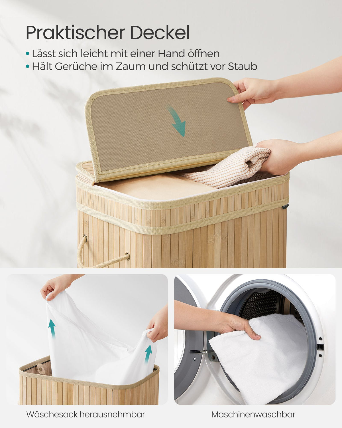 Wasmand met deksel – 100 liter – Bamboe – Uitneembare waszak – Handvatten