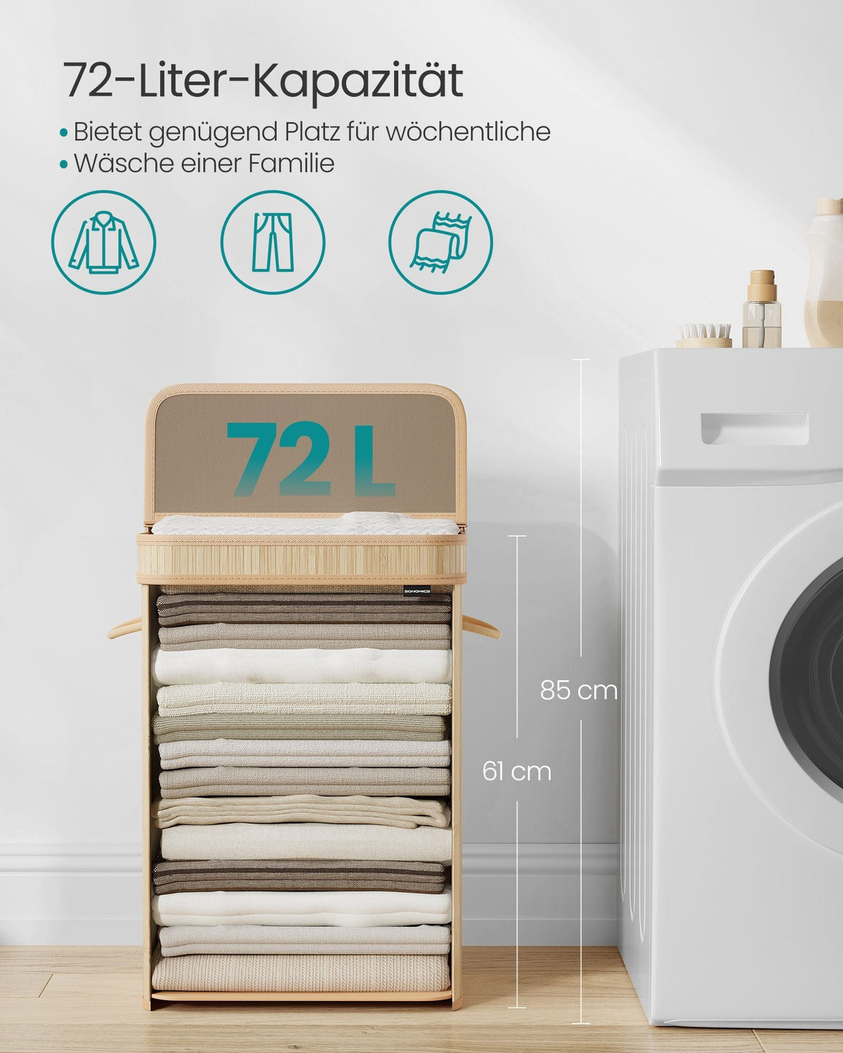 Wasmand met deksel – 100 liter – Bamboe – Uitneembare waszak – Handvatten