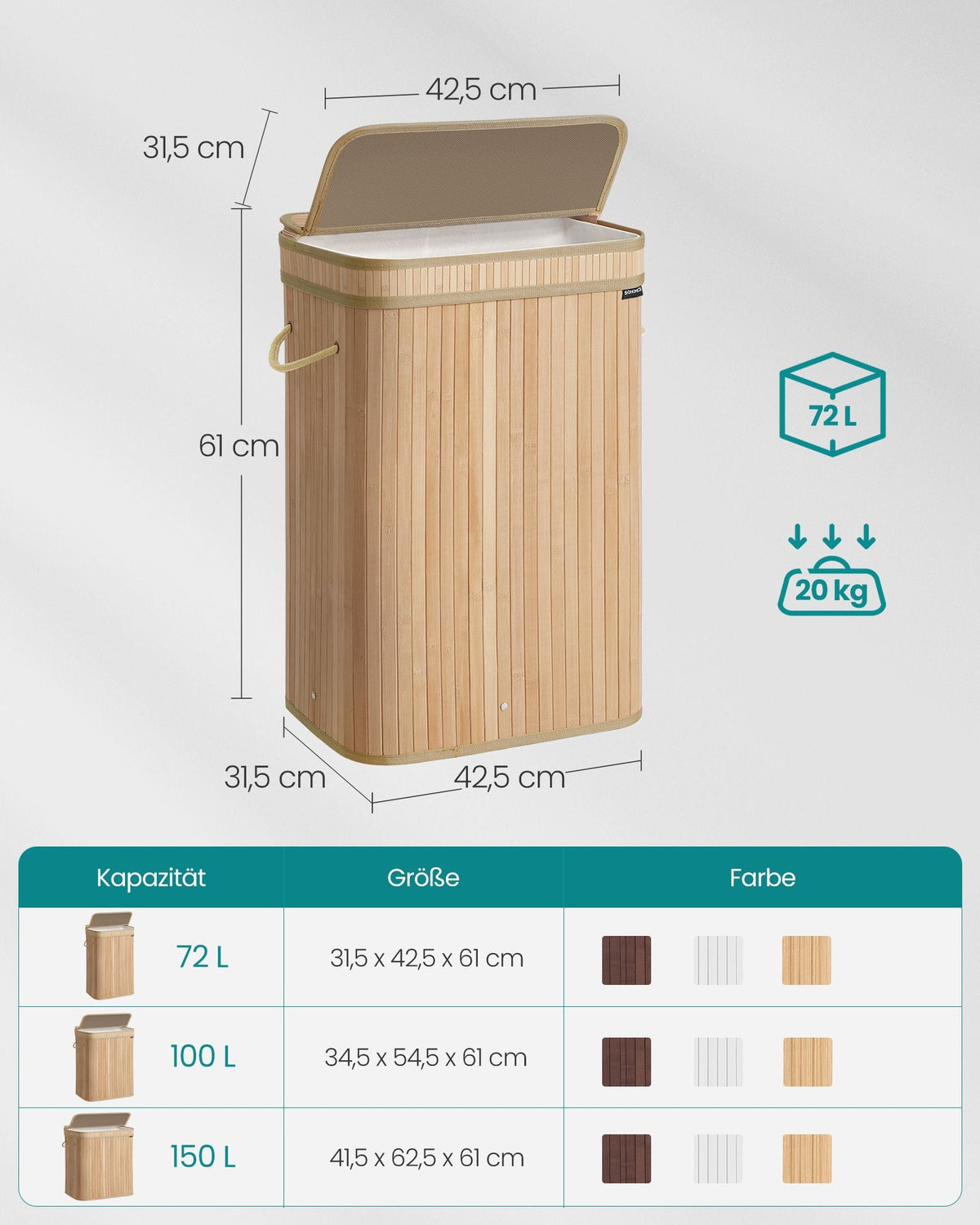 Wasmand met deksel – 100 liter – Bamboe – Uitneembare waszak – Handvatten