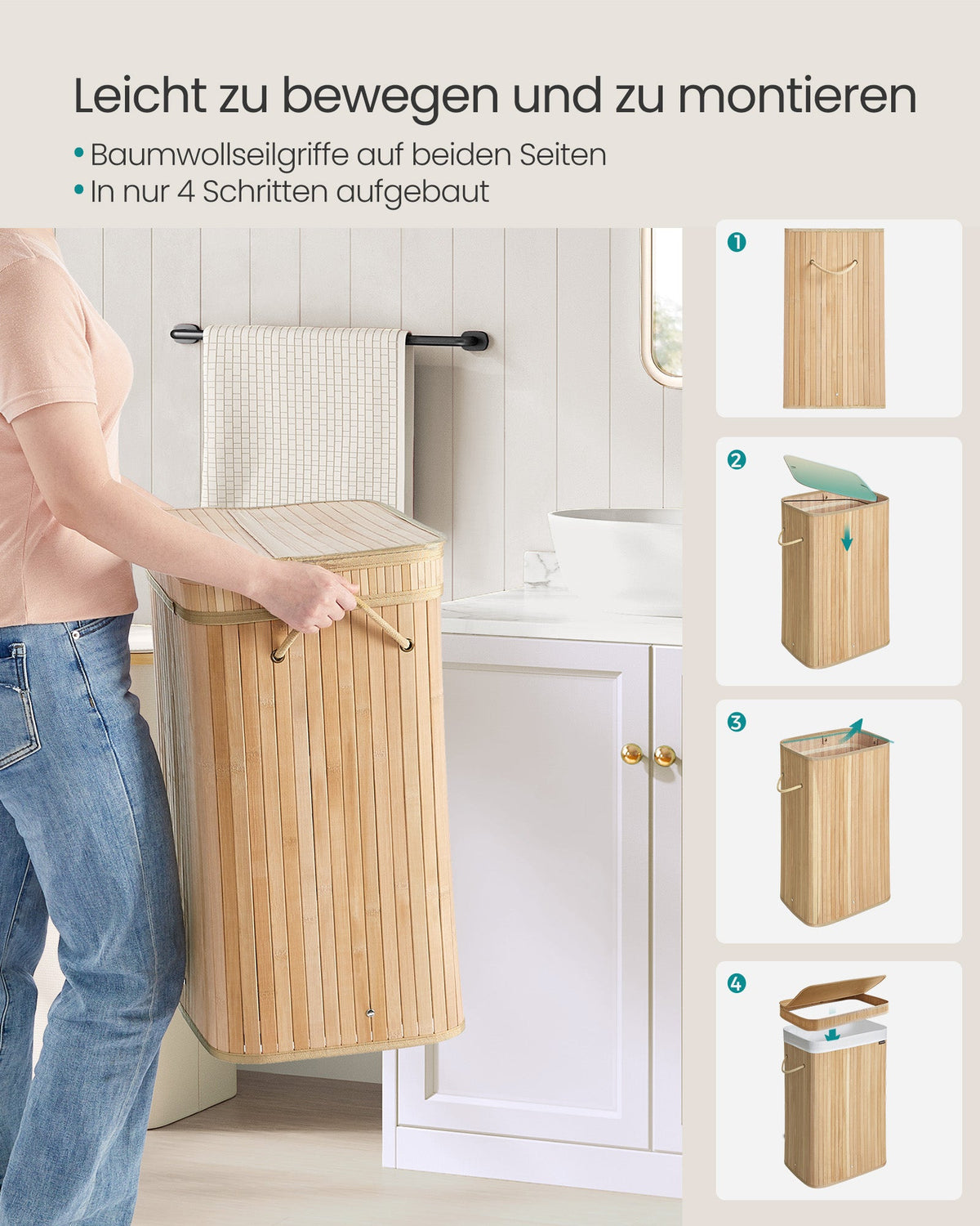 Wasmand met deksel – 100 liter – Bamboe – Uitneembare waszak – Handvatten
