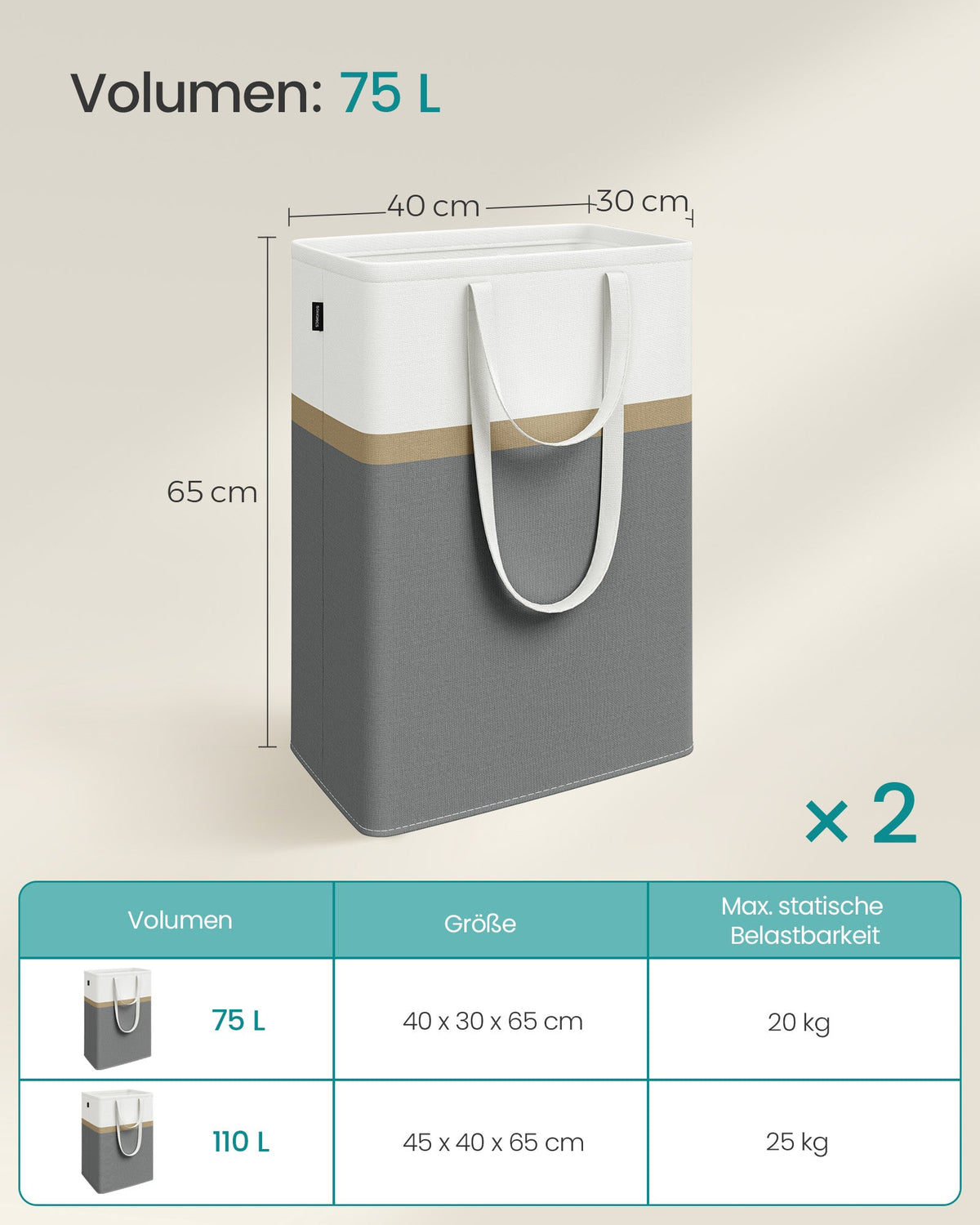 Wasmand – Set van 2 – Opvouwbaar – Met handvaten – Polyester-katoenmix