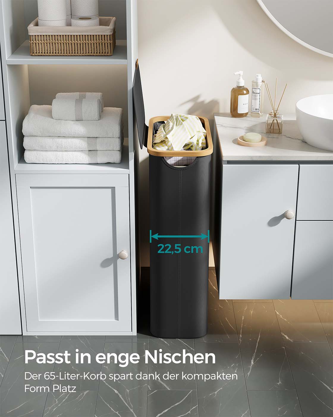 Wasmand – 65 liter – Deksel – Opvouwbaar – Uitneembare waszak – 600D Oxford-stof – Bamboe handvatten