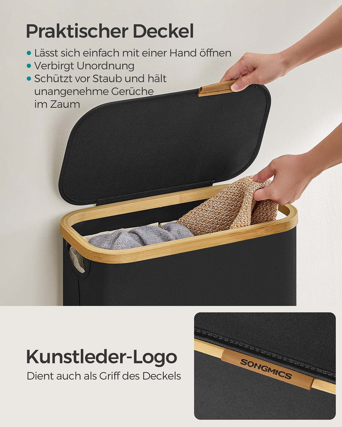 Wasmand – 65 liter – Deksel – Opvouwbaar – Uitneembare waszak – 600D Oxford-stof – Bamboe handvatten