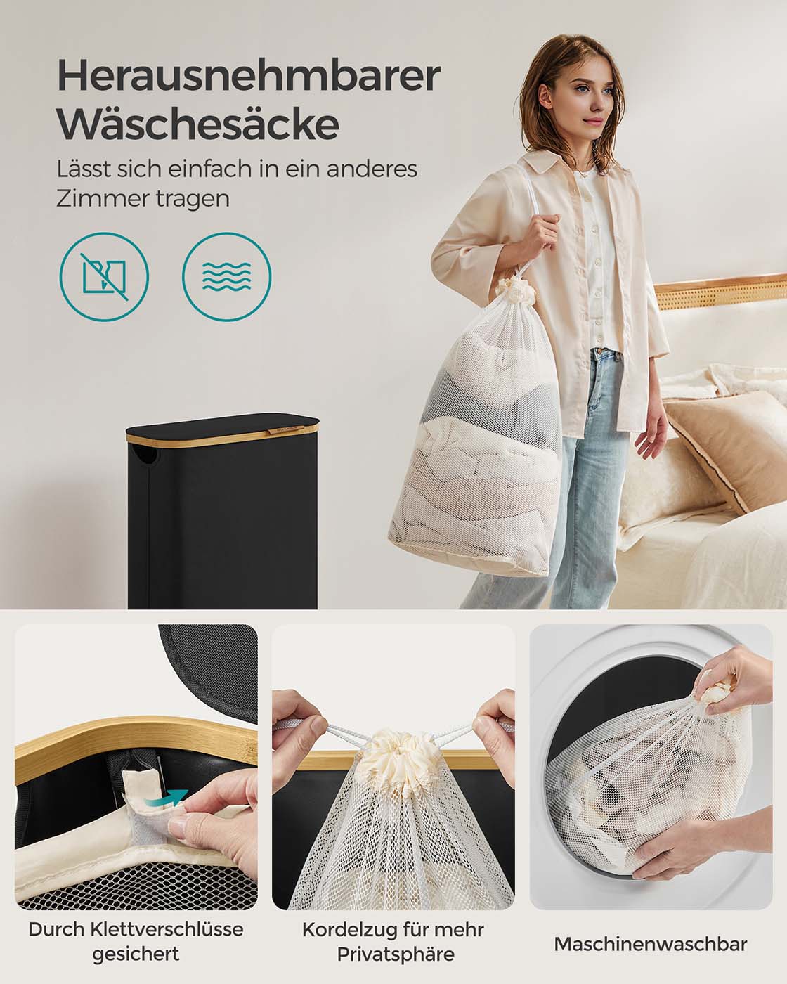 Wasmand – 65 liter – Deksel – Opvouwbaar – Uitneembare waszak – 600D Oxford-stof – Bamboe handvatten