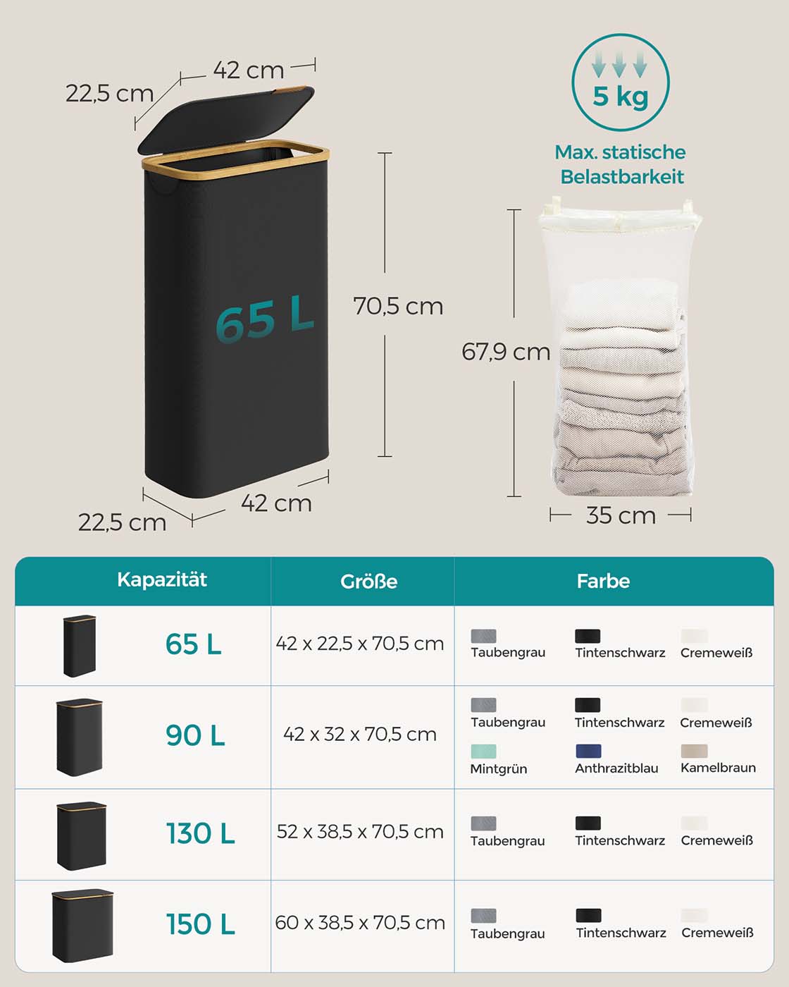 Wasmand – 65 liter – Deksel – Opvouwbaar – Uitneembare waszak – 600D Oxford-stof – Bamboe handvatten