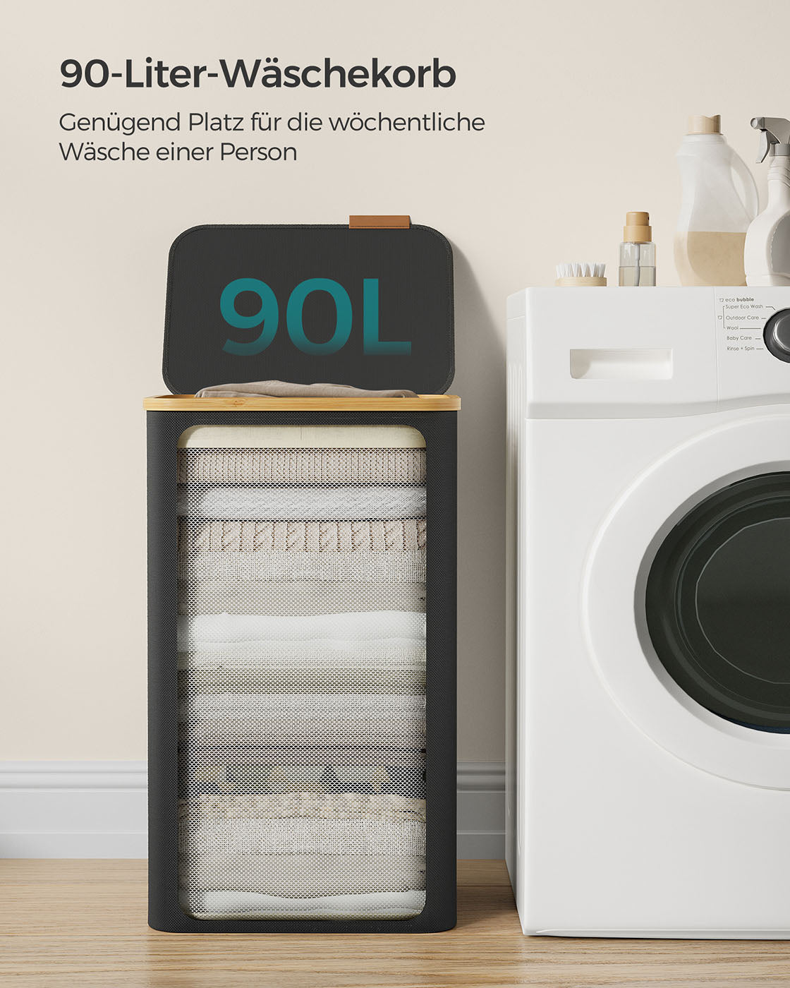 Wasmand – 90 liter – Uitneembare waszak – Opvouwbaar – Oxfordstof – Bamboe handvatten – 42 x 32 x 70,5 cm – 1,5 kg