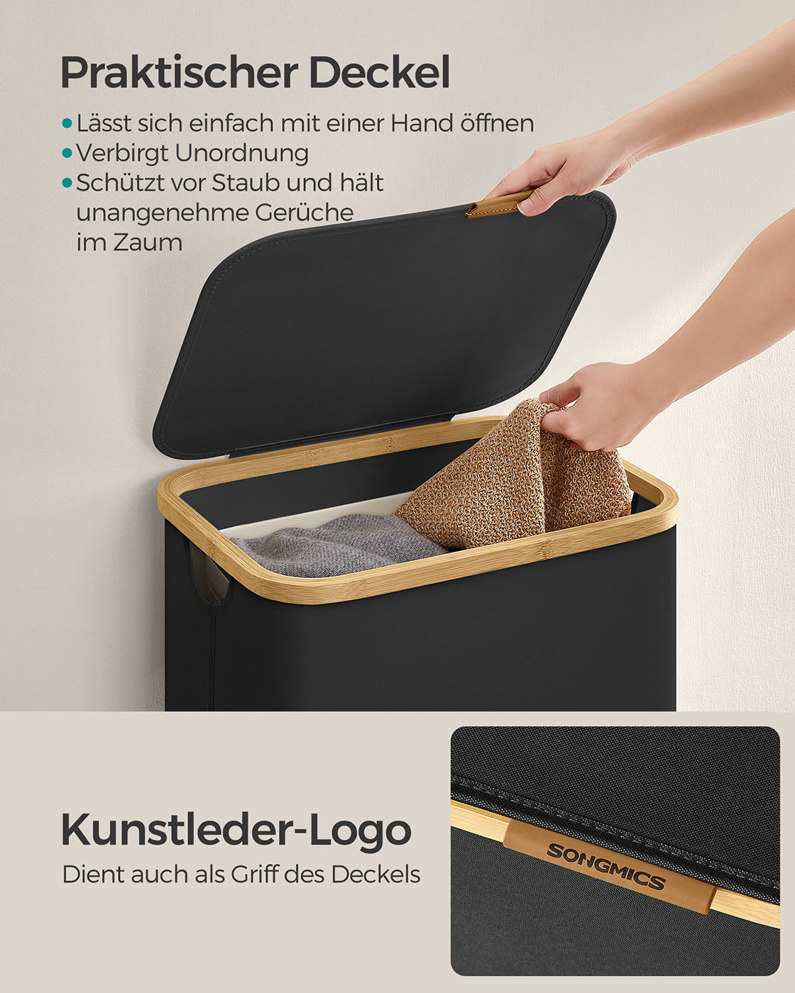 Wasmand – 90 liter – Uitneembare waszak – Opvouwbaar – Oxfordstof – Bamboe handvatten – 42 x 32 x 70,5 cm – 1,5 kg