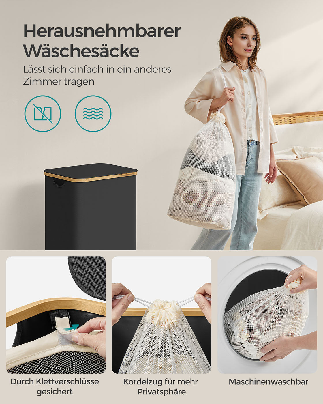 Wasmand – 90 liter – Uitneembare waszak – Opvouwbaar – Oxfordstof – Bamboe handvatten – 42 x 32 x 70,5 cm – 1,5 kg