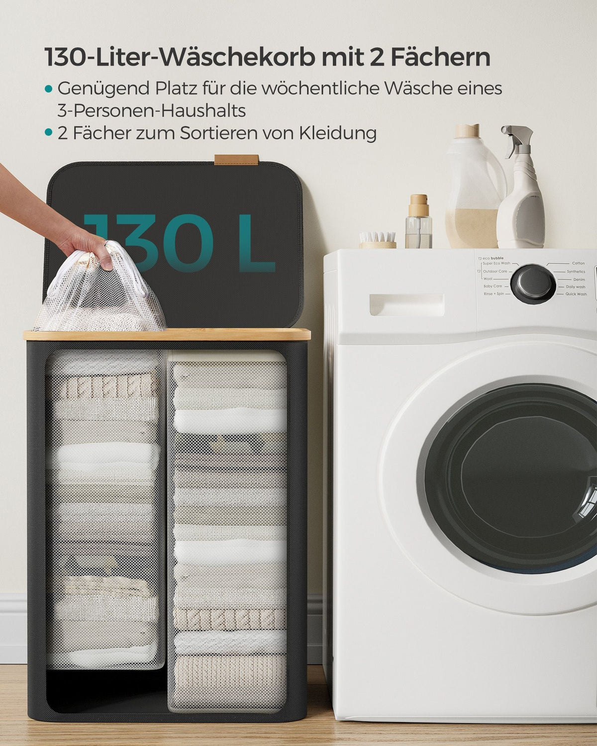 Wasmand – 2 Compartimenten – Deksel – Opvouwbaar – Oxfordstof – Bamboe handvatten