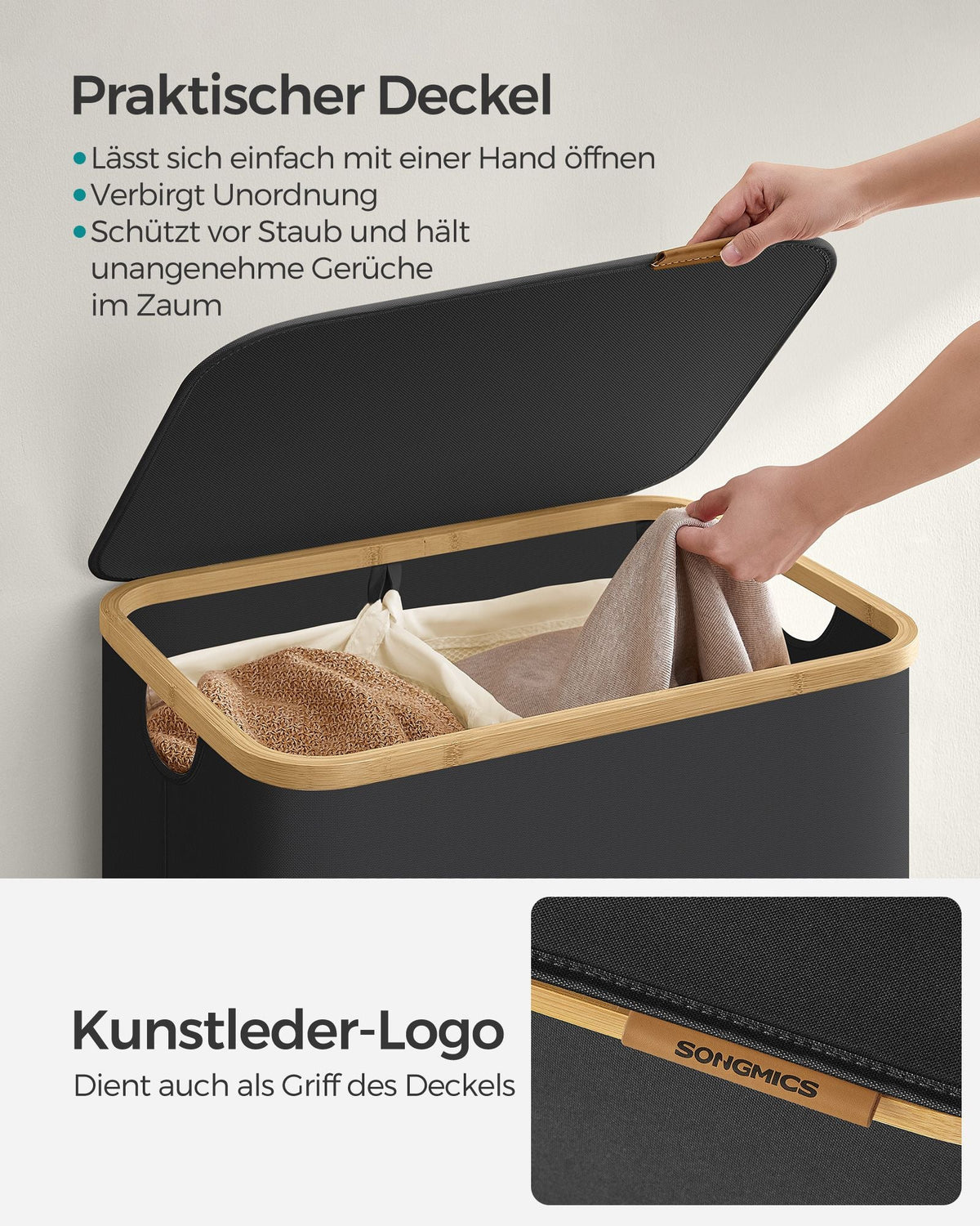 Wasmand – 2 Compartimenten – Deksel – Opvouwbaar – Oxfordstof – Bamboe handvatten