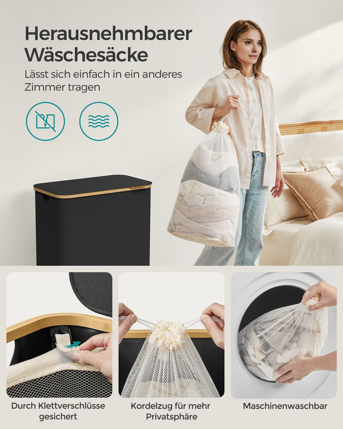 Wasmand – 2 Compartimenten – Deksel – Opvouwbaar – Oxfordstof – Bamboe handvatten