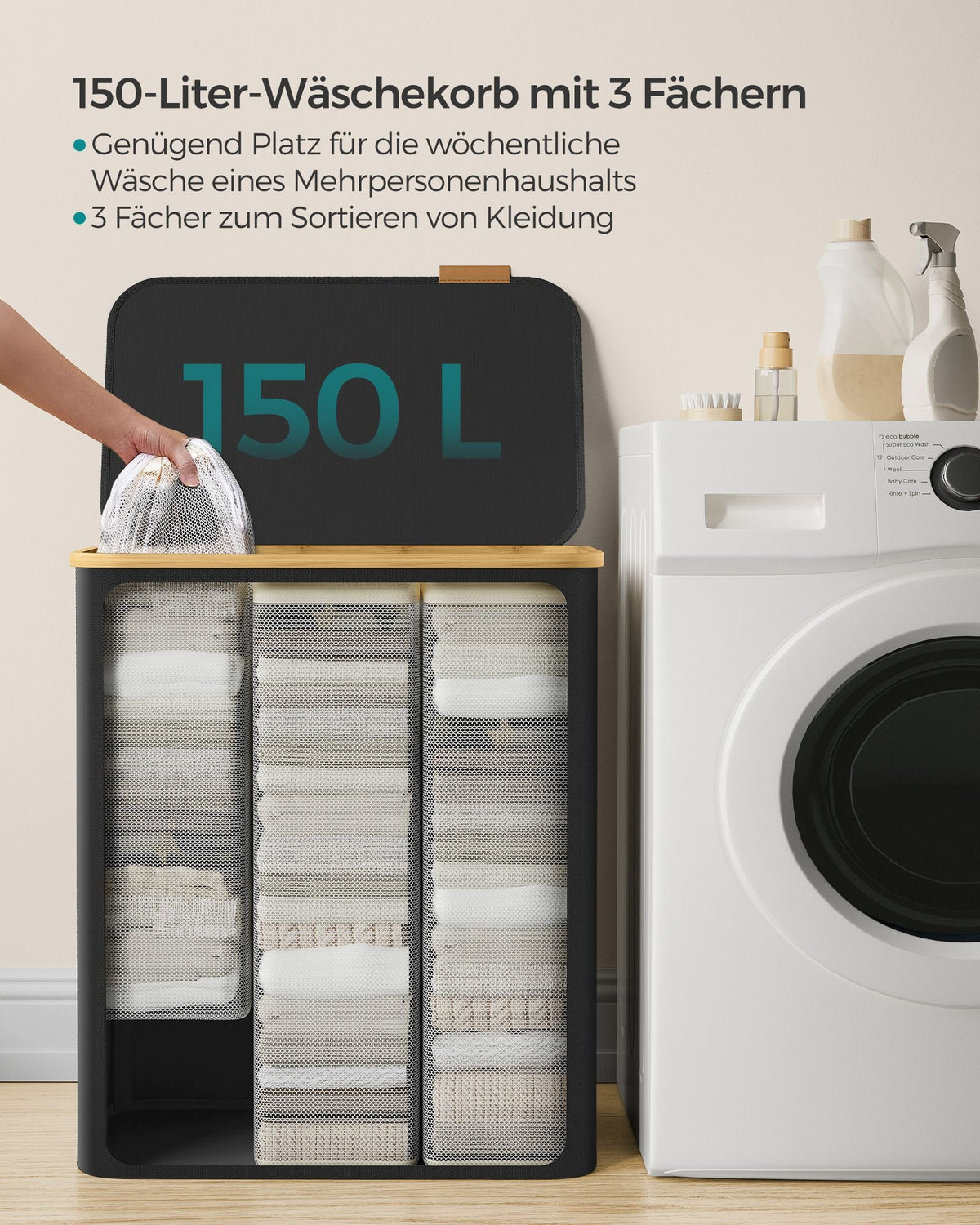Wasmand 3 Compartimenten – Opvouwbaar met Deksel – Wassorteerder Oxfordstof – Bamboe Handvatten – 60 cm