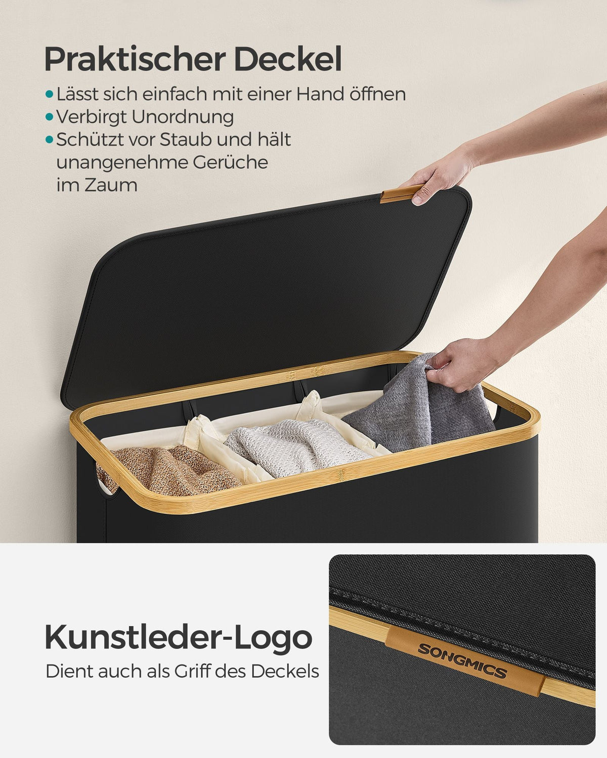 Wasmand 3 Compartimenten – Opvouwbaar met Deksel – Wassorteerder Oxfordstof – Bamboe Handvatten – 60 cm