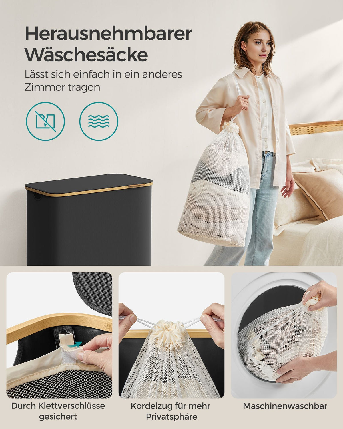 Wasmand 3 Compartimenten – Opvouwbaar met Deksel – Wassorteerder Oxfordstof – Bamboe Handvatten – 60 cm