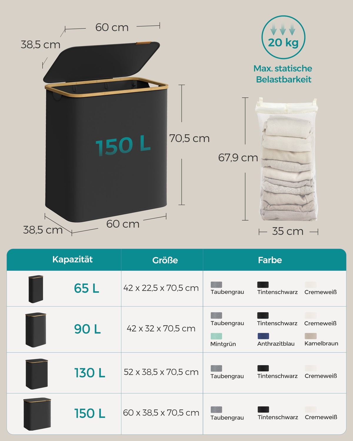 Wasmand 3 Compartimenten – Opvouwbaar met Deksel – Wassorteerder Oxfordstof – Bamboe Handvatten – 60 cm