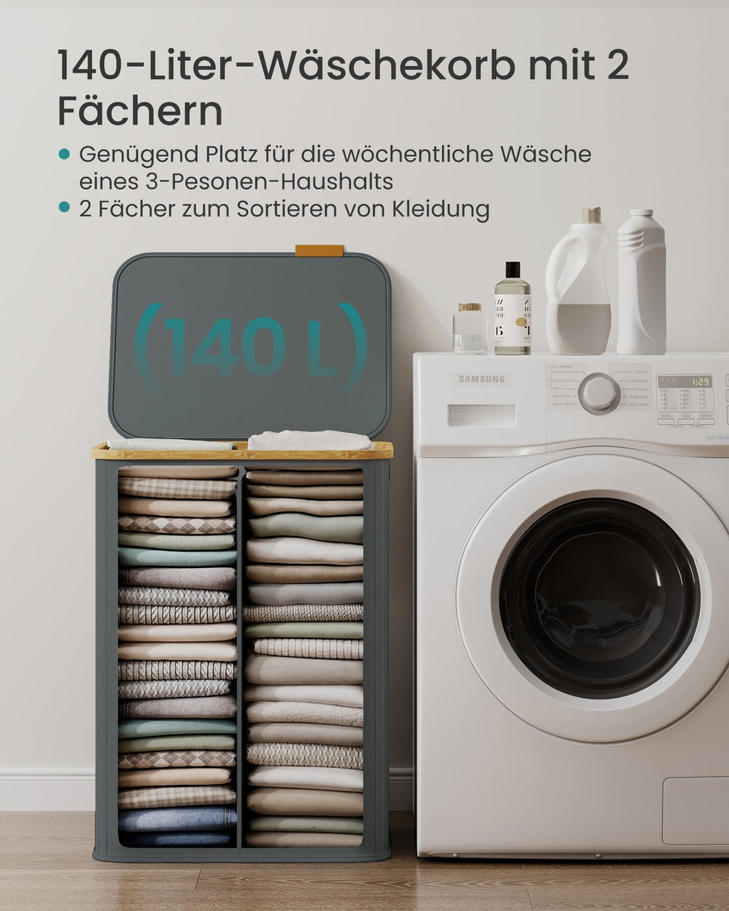 Wasmand 140L - Oxford-Stof Met Deksel - Voor Slaapkamer Of Badkamer