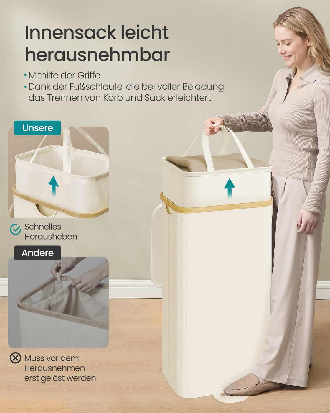 Wasmand 100L - Met Deksel En Uitneembare Waszak - Voor Slaapkamer Of Badkamer